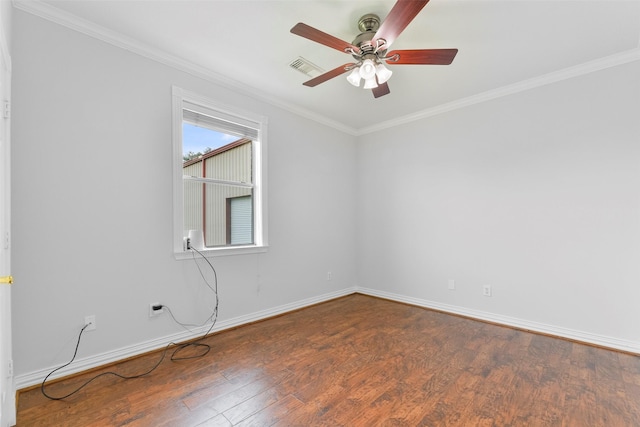 empty room featuring wood-type flooring, ceiling fan, and ornamental molding