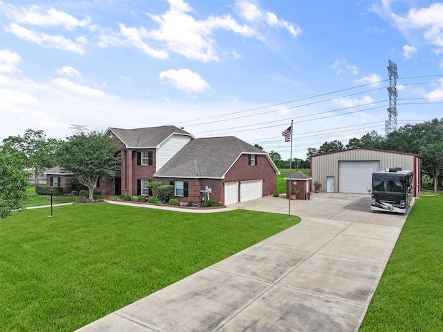 view of front of house featuring an outbuilding, a front lawn, and a garage