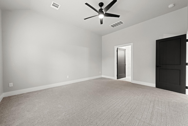 unfurnished bedroom featuring ceiling fan, light carpet, and lofted ceiling