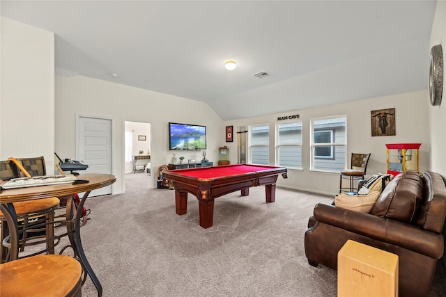 recreation room with light colored carpet, lofted ceiling, and pool table