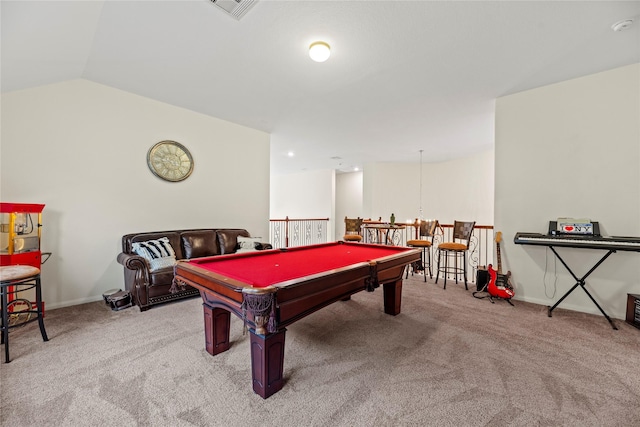 game room with light carpet, vaulted ceiling, and pool table