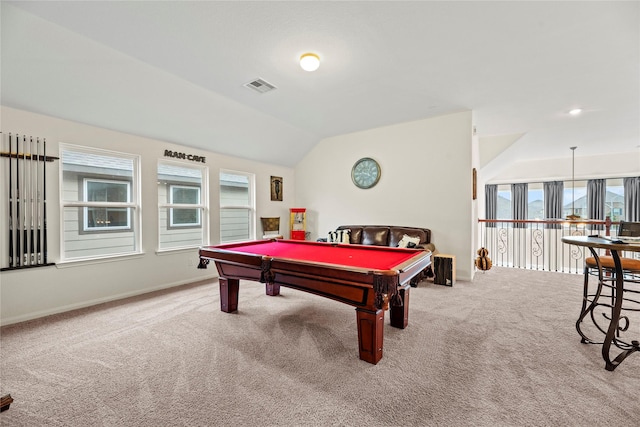 recreation room with carpet floors, vaulted ceiling, and billiards