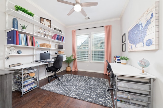 office space featuring ornamental molding, dark hardwood / wood-style floors, and ceiling fan