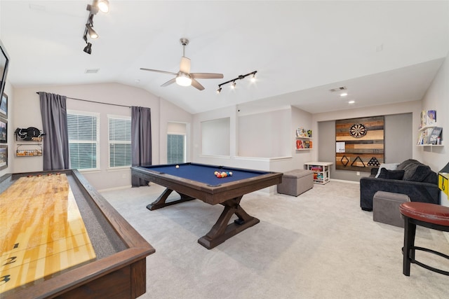 recreation room with built in shelves, billiards, lofted ceiling, and carpet floors