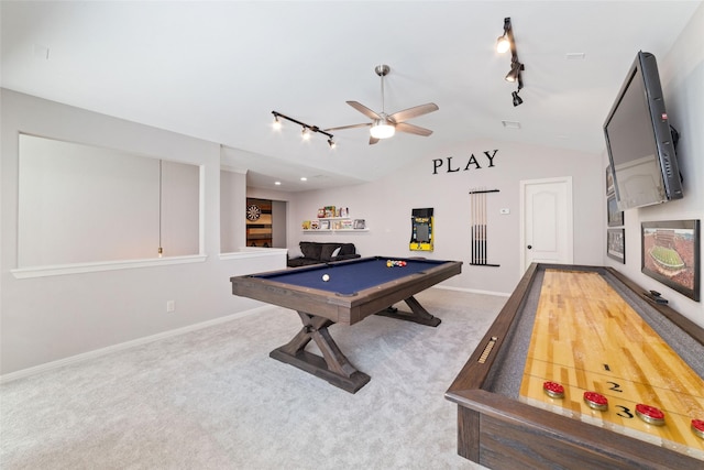 playroom featuring lofted ceiling, pool table, carpet floors, and ceiling fan