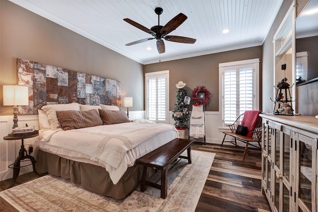 bedroom with wood ceiling, ceiling fan, ornamental molding, and dark hardwood / wood-style floors