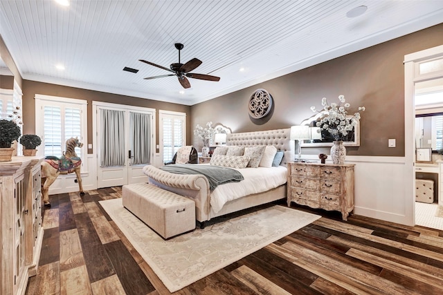 bedroom with wood ceiling, ceiling fan, dark hardwood / wood-style floors, and crown molding