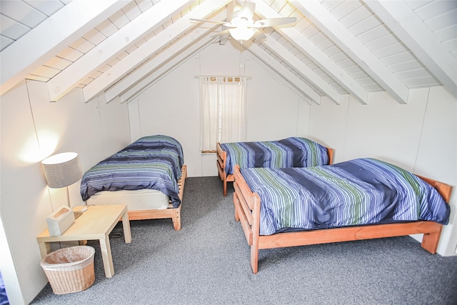 bedroom featuring ceiling fan, carpet, and lofted ceiling with beams