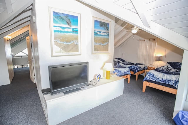 carpeted bedroom with lofted ceiling with beams