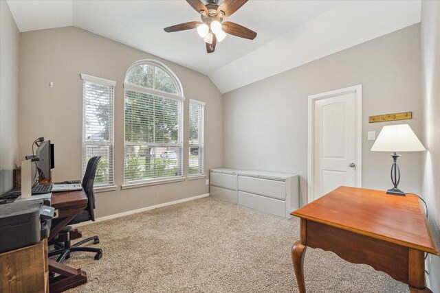 office with ceiling fan, carpet, and vaulted ceiling