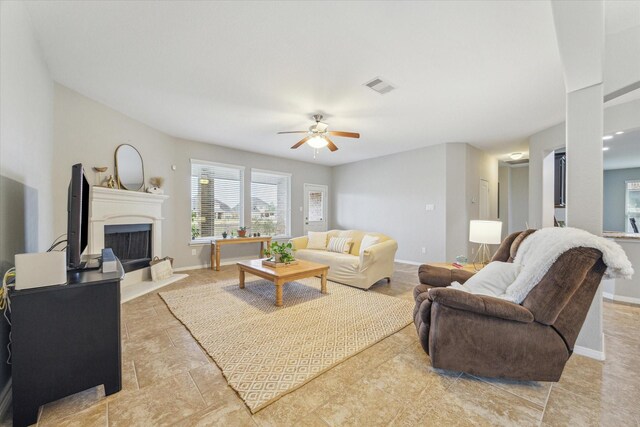 living room with ceiling fan