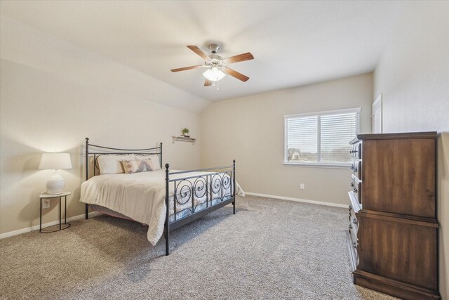 bedroom featuring carpet, ceiling fan, and lofted ceiling