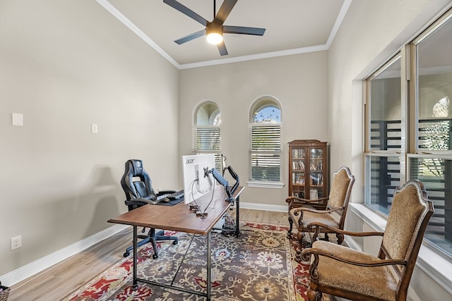 office with hardwood / wood-style flooring, ornamental molding, and ceiling fan