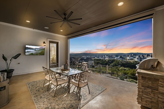 dining area with baseboards, a ceiling fan, ornamental molding, finished concrete floors, and recessed lighting