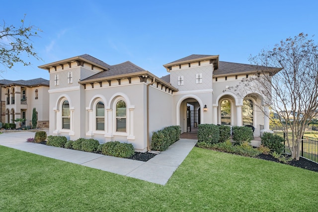 mediterranean / spanish-style house with a shingled roof, a front yard, and stucco siding