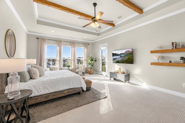 carpeted bedroom featuring crown molding, a raised ceiling, visible vents, and baseboards