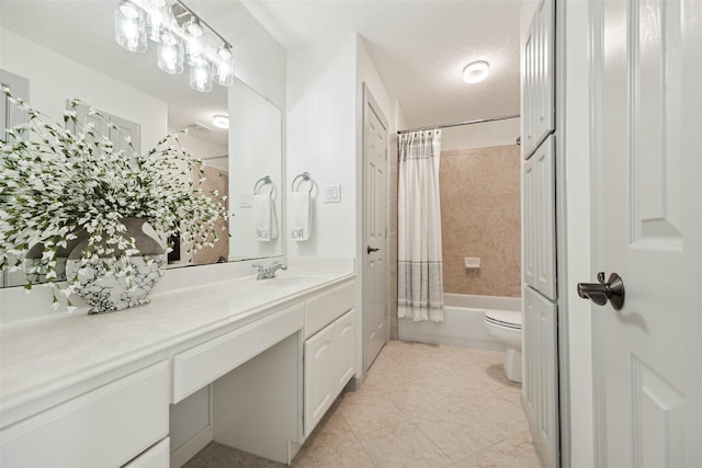 full bathroom with a textured ceiling, vanity, shower / tub combo with curtain, tile patterned flooring, and toilet