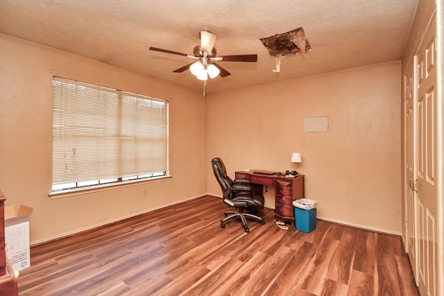 office area featuring wood-type flooring, a textured ceiling, and ceiling fan