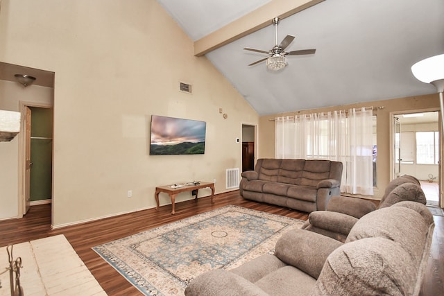 living room with beam ceiling, ceiling fan, high vaulted ceiling, and dark wood-type flooring