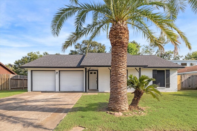 ranch-style house featuring a garage and a front lawn