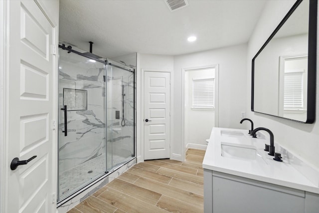 bathroom featuring vanity and a shower with shower door