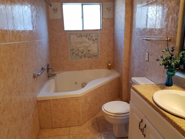 full bathroom featuring tiled shower / bath combo, tile patterned flooring, toilet, vanity, and tile walls