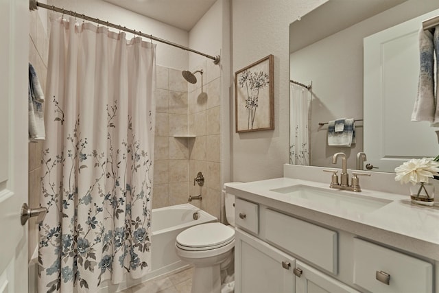 full bathroom with shower / bathtub combination with curtain, tile patterned flooring, vanity, and toilet