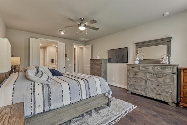 bedroom featuring dark hardwood / wood-style floors and ceiling fan