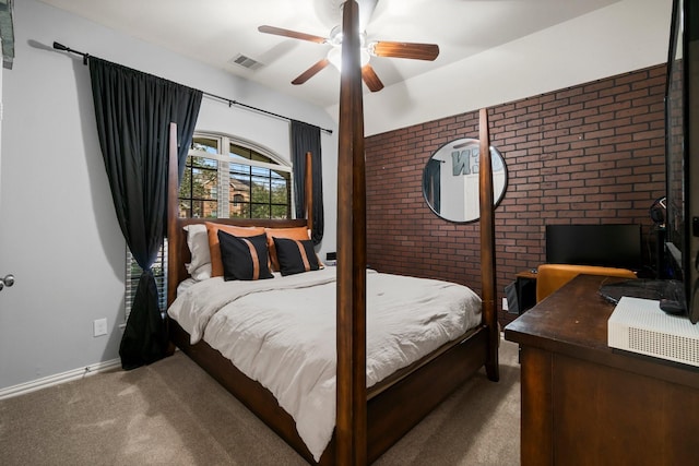 bedroom with ceiling fan and carpet