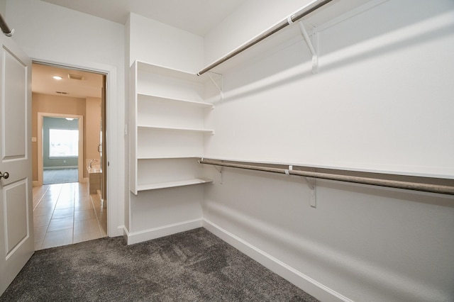 walk in closet featuring dark colored carpet