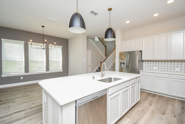 kitchen with white cabinets, appliances with stainless steel finishes, a kitchen island with sink, and sink