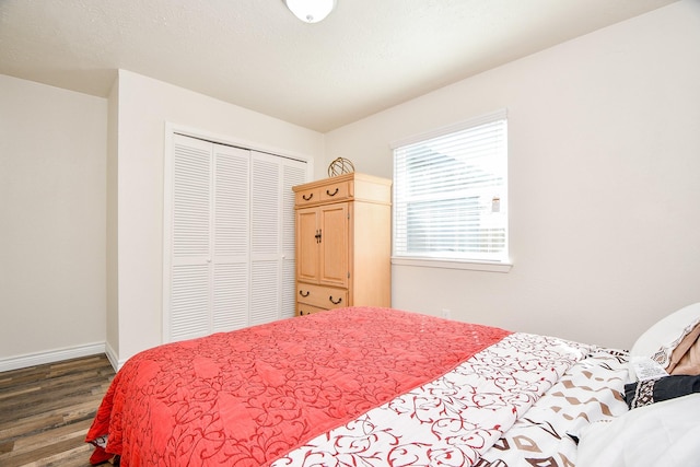 bedroom with a closet and dark wood-type flooring