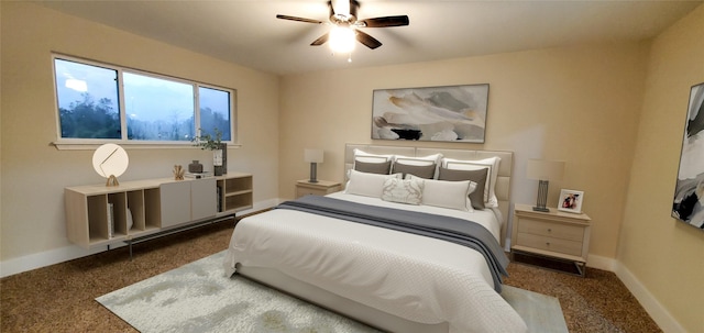 bedroom with ceiling fan and carpet floors