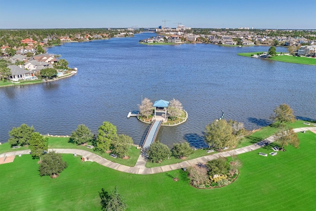 bird's eye view with a water view