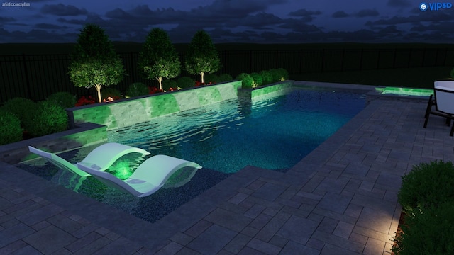 pool at dusk featuring a patio