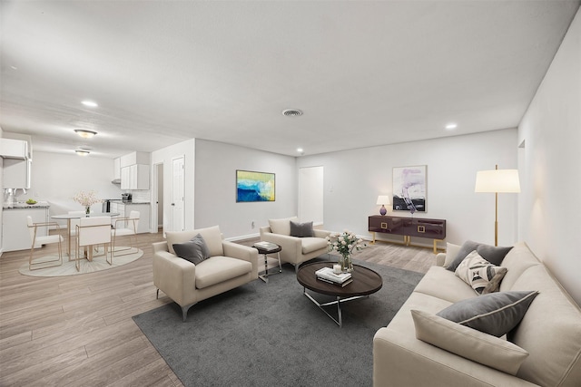 living room with light wood-type flooring and sink