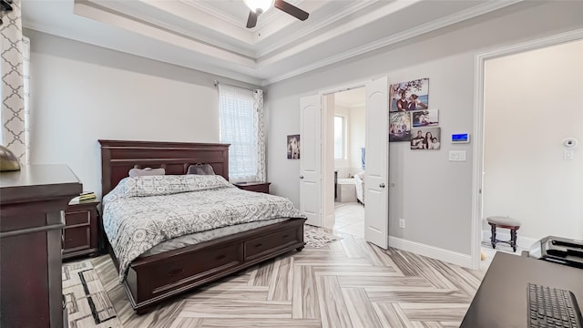 bedroom featuring light parquet flooring, a raised ceiling, ceiling fan, and crown molding