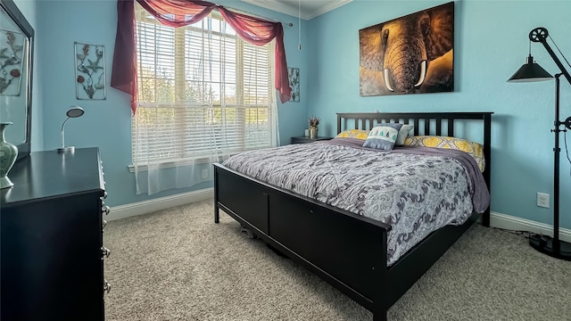 bedroom with carpet flooring and ornamental molding