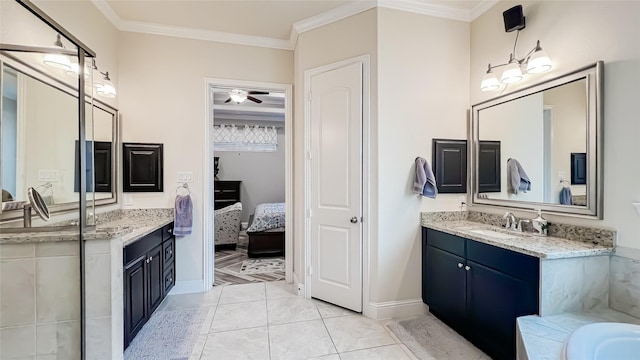 bathroom featuring tile patterned floors, ceiling fan, crown molding, and vanity