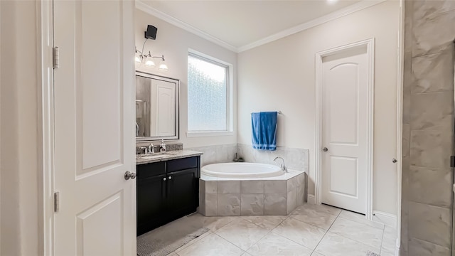 bathroom featuring vanity, ornamental molding, tiled tub, and a chandelier