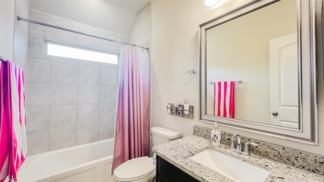 full bathroom with vanity, toilet, and shower / bathtub combination with curtain