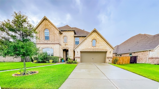 view of front of property featuring a front lawn and a garage