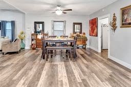 dining area with ceiling fan and hardwood / wood-style floors