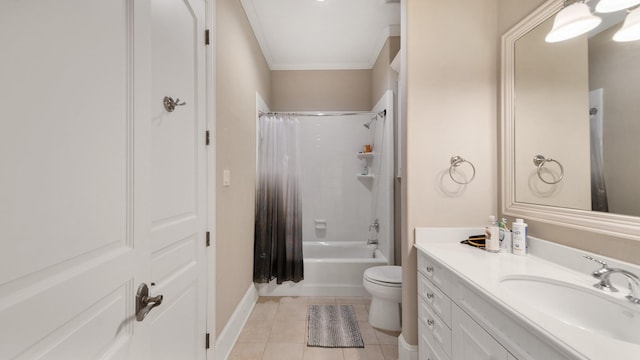 full bathroom with toilet, tile patterned flooring, shower / bath combo with shower curtain, crown molding, and vanity