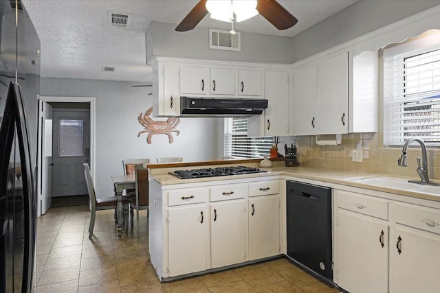 kitchen with appliances with stainless steel finishes, tasteful backsplash, ceiling fan, sink, and white cabinetry