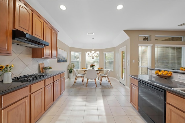 kitchen with hanging light fixtures, a notable chandelier, decorative backsplash, light tile patterned floors, and black appliances