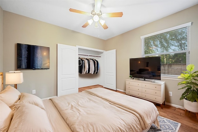 bedroom with ceiling fan, wood-type flooring, and a closet