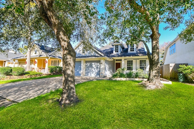 cape cod home with a front lawn and a garage