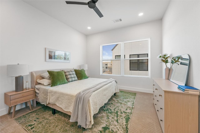 carpeted bedroom with ceiling fan