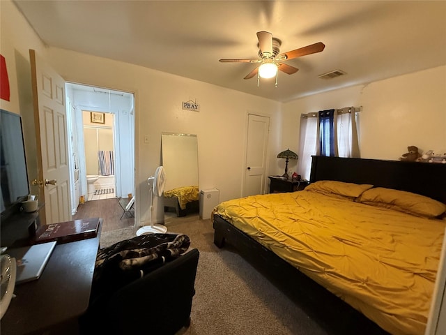 carpeted bedroom featuring ceiling fan